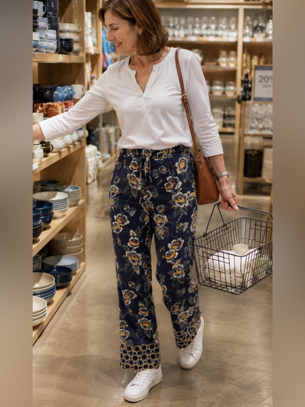 Vera Bradley Navy Floral Straight-Leg Pants with Yellow Accents